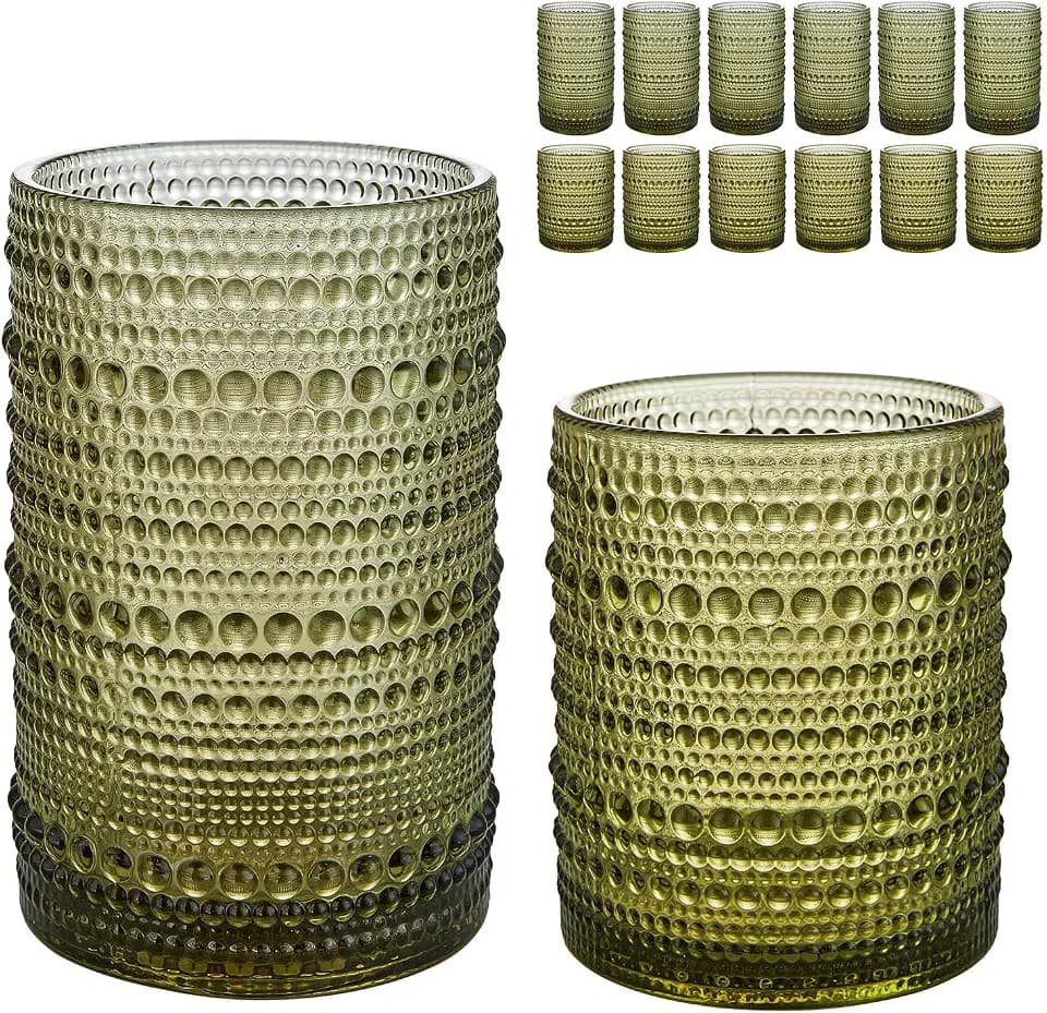 HomeVogue Vintage Hobnail Drinking Glasses Set of 12, 15 oz Highball Glasses & 12 oz Cocktail Glasses Set, Green Kitchen Water Glasses Cup, Bar Tumbler Glassware Set for Beer, Juice, Whiskey, Milk