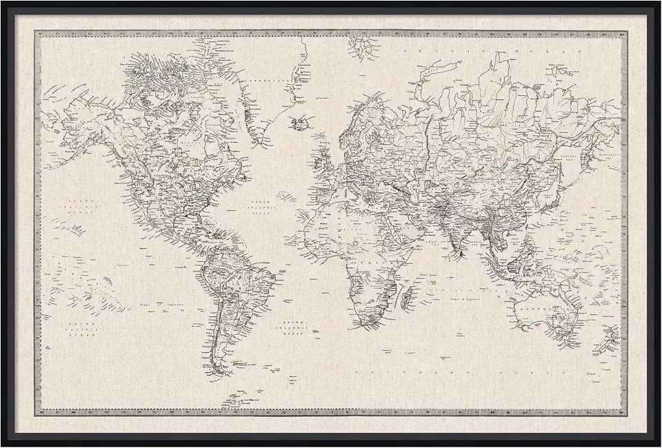 Kate and Laurel Framed Fabric Pinboard 37 x 25, Vintage Black and White Linen World Map Printed Linen Modern Bulletin Board for Use as a Vision Board or Wall Organization, Lucie Black Frame