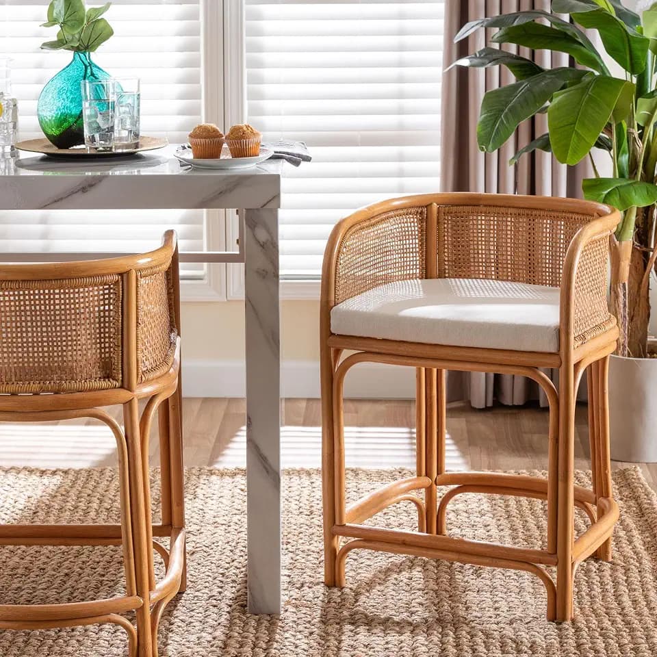 Bali & pari Aria Natural Rattan Counter Stool with Backrest and Removable Cushion - Handwoven Cane Counter Height Seating for Kitchen Island or Dining Area