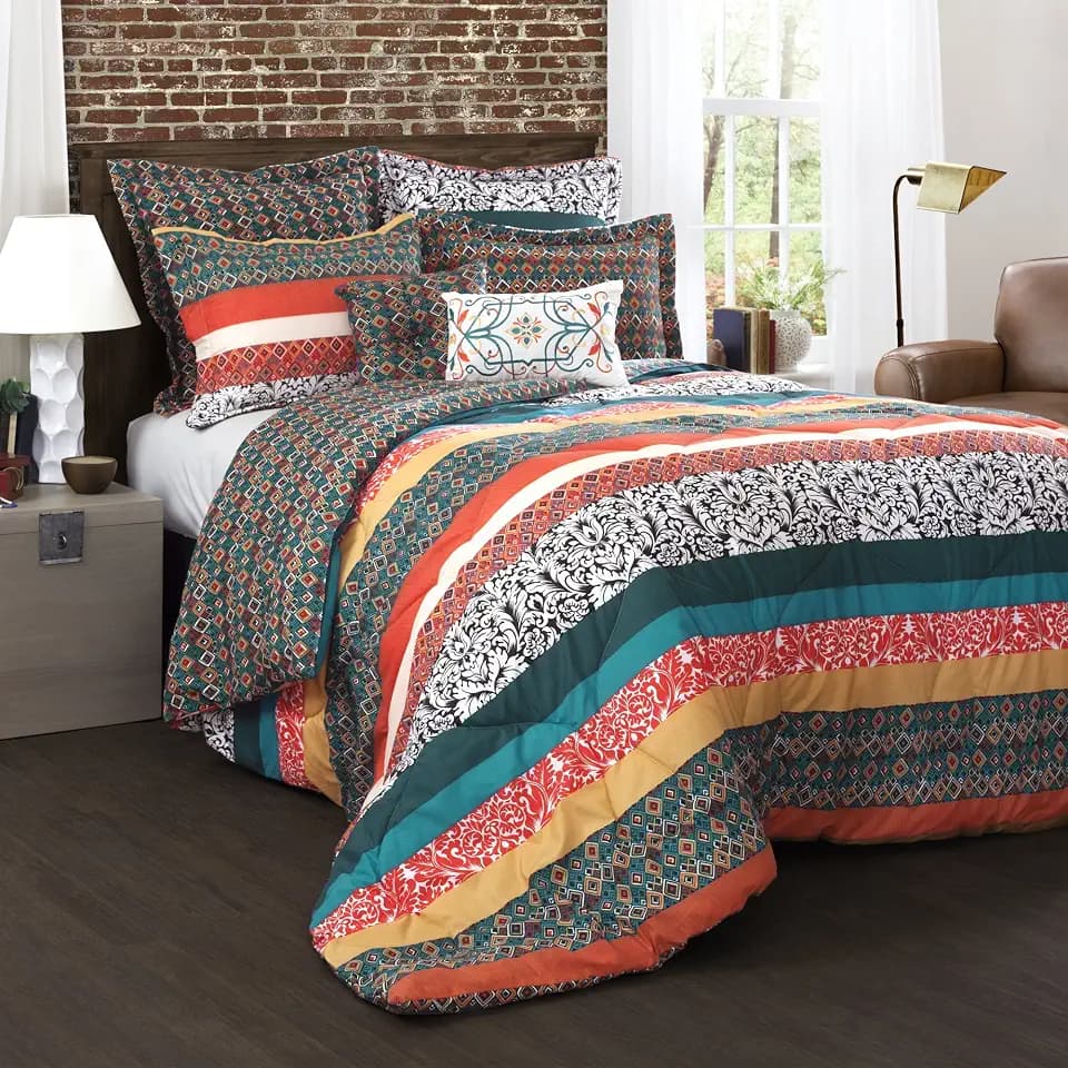 Lush Decor Boho Striped Reversible 7 Piece Comforter Bedding Set, King, Turquoise & Tangerine