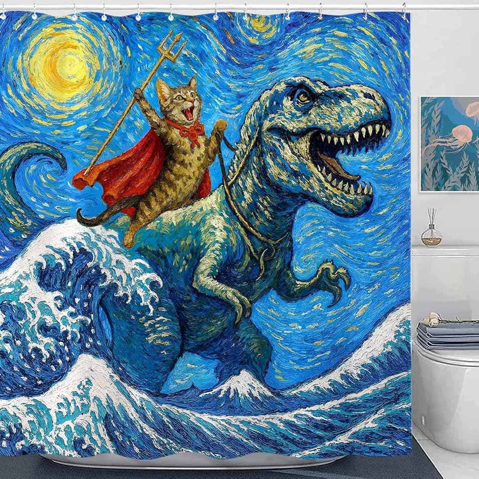 Yeoiat Funny Cat Shower Curtain Set Starry Art Style Dinosaur Rider Waterproof Bathroom Shower Curtain Humorous Animal Fantasy Home Decor 72x72 Inch