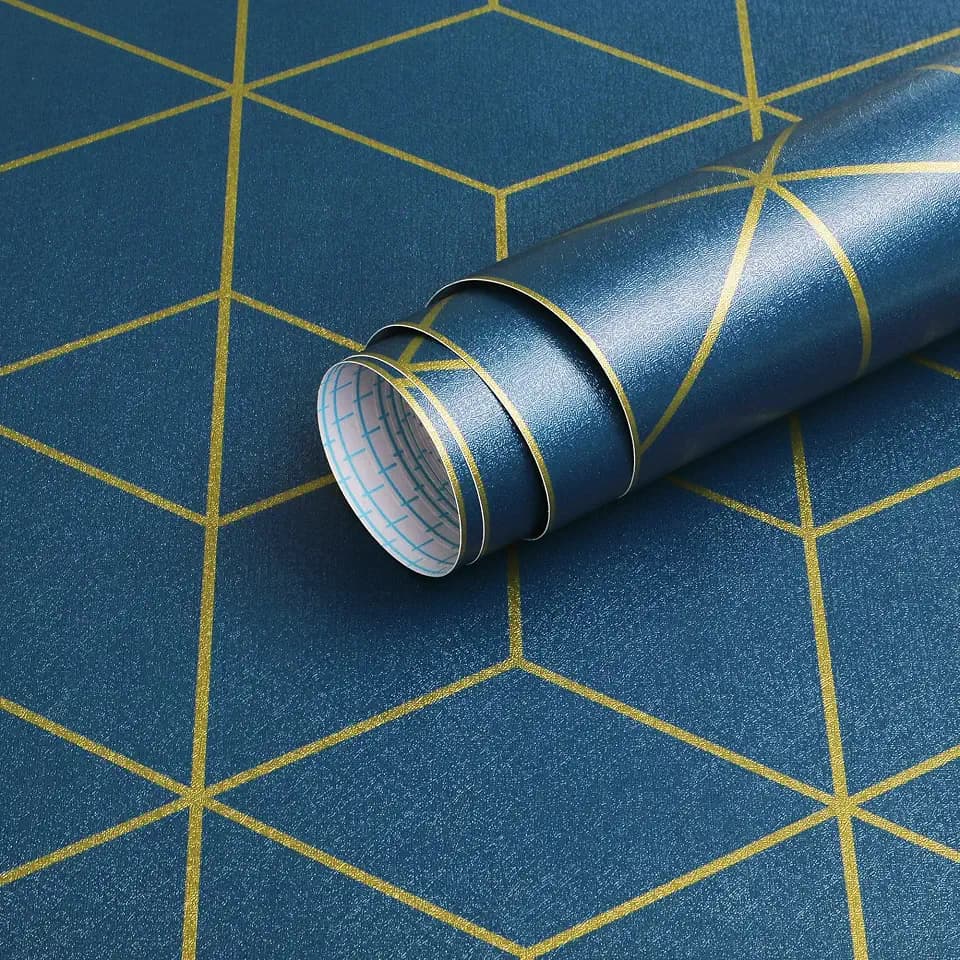 Safiyya Blue and Gold Geometric Wallpaper Peel and Stick Contact Paper Self Adhesive Removable Wallpaper Waterproof Contact Paper for Walls Vinyl Roll 118"x17.3"