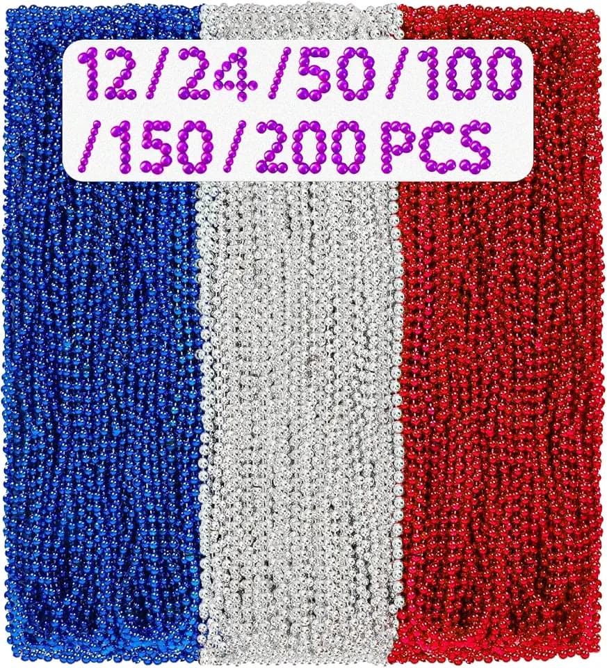 GONOSEED 【12/24/50/100/150/200 PCS】 4th of July Beads Necklaces Bulk Accessories Fourth of July Necklaces Red White Blue Beads Patriotic Necklace USA Bead Party Favors Decorations