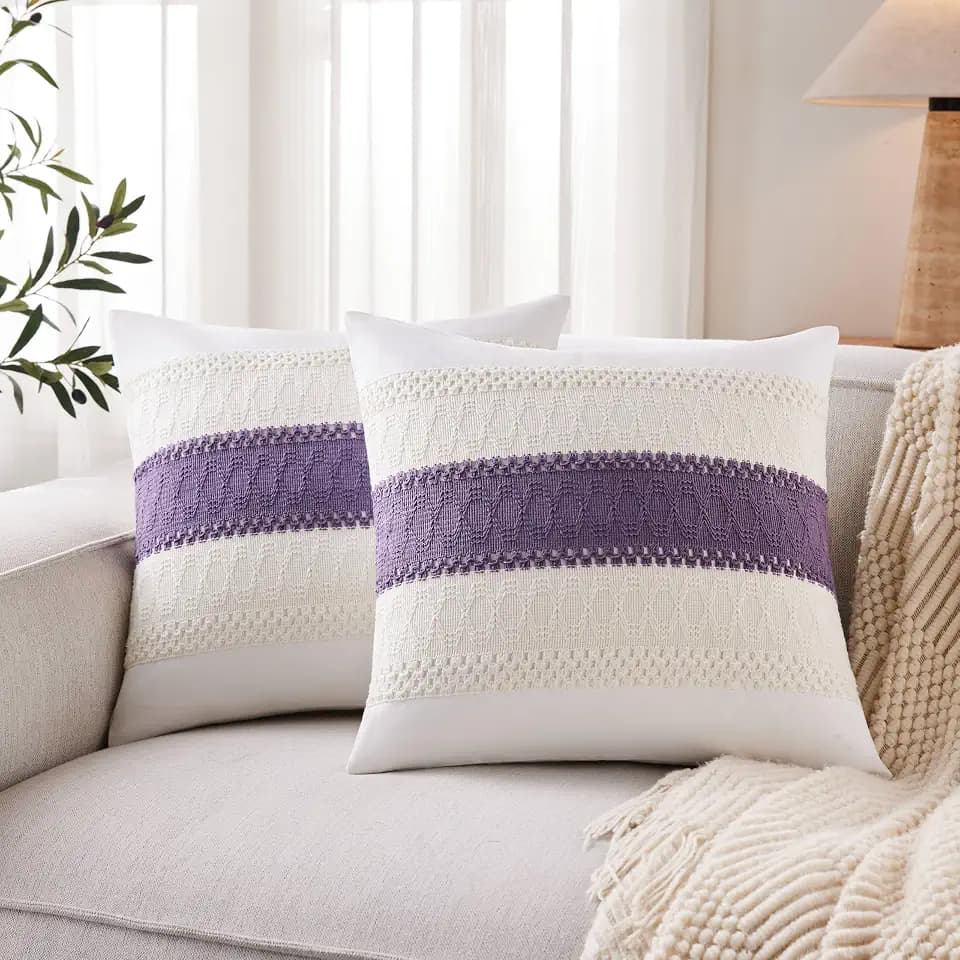 2pk Boho Pillow Covers 18x18, Natural White/Contrast/Purple