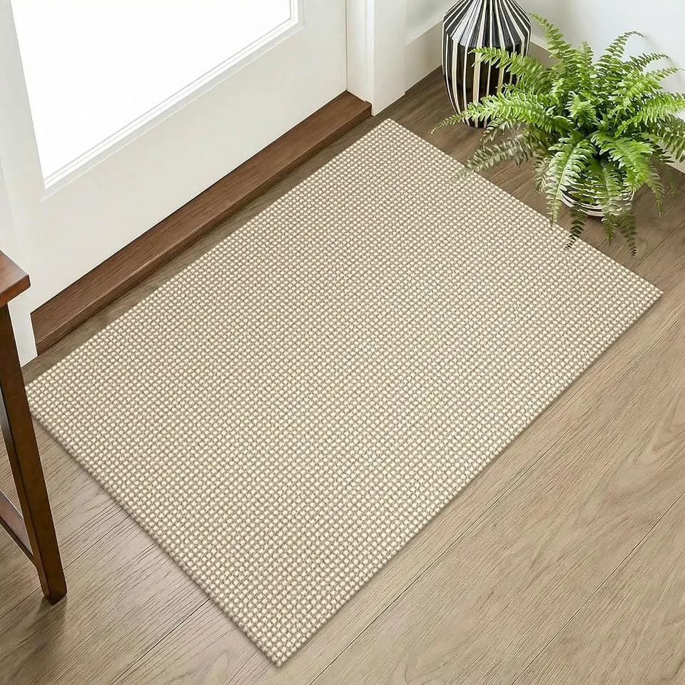 KOZYFLY Indoor Door Mat 2x3 ft Small Area Rugs Washable Front Door Mat Non Slip Rubber Backed Entryway Rug Cotton Entrance Doormat for Front Porch Bathroom Kitchen Bedroom, Oatmeal Beige