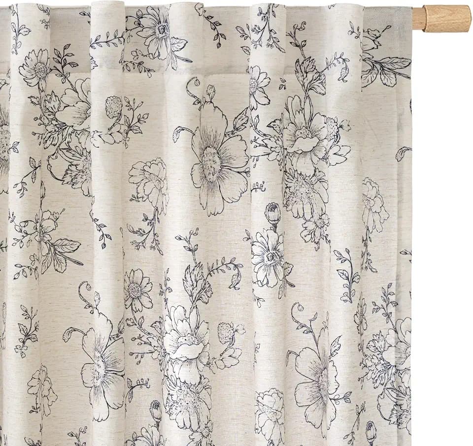 LAMIT Vintage Floral Linen Curtains 84 Inch Long for Living Room, 2 Panels