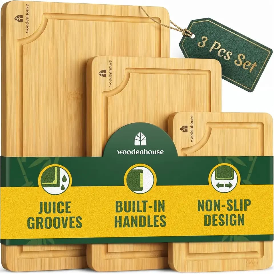Bamboo Cutting Boards for Kitchen Set of 3, Deep Juice Grooves & Handles