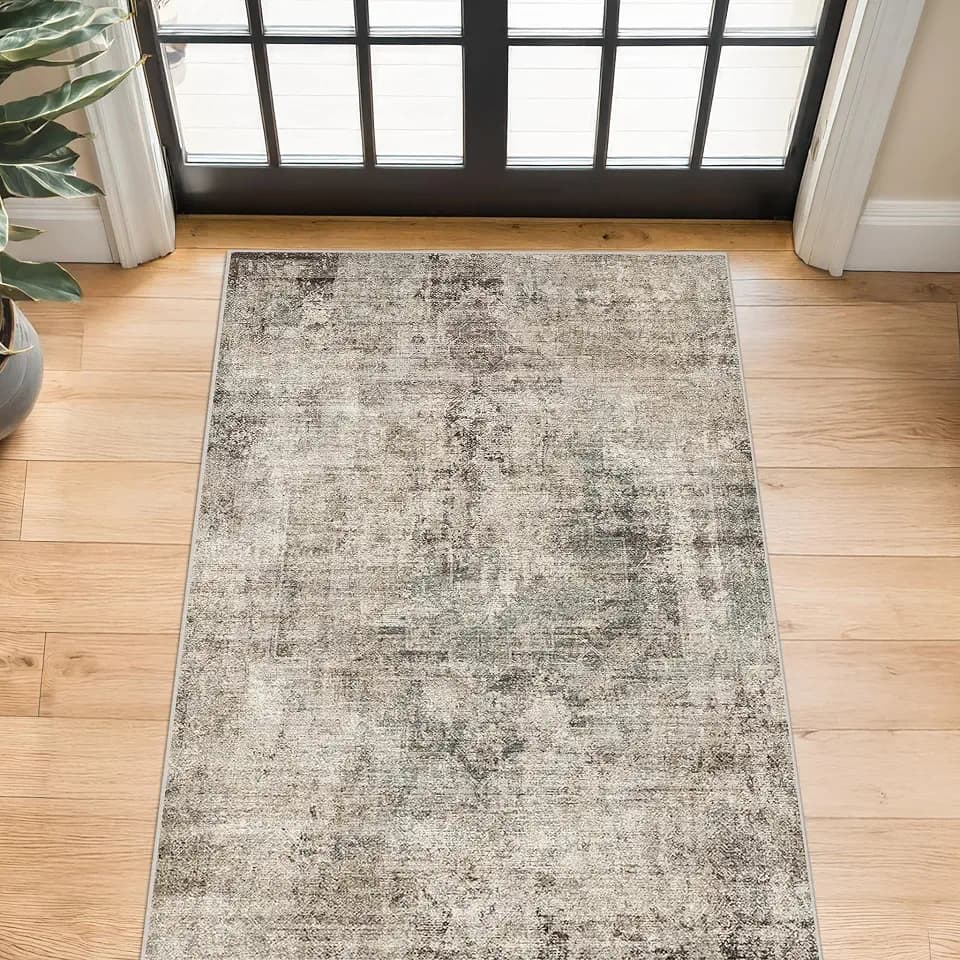 3x4 Indoor Floor Mats for Entryway - Taupe Washable Farmhouse Area Rug for Bedroom, Kitchen, Laundry Room, Brown Vintage Home Décor, Low Pile & Soft Stain Resistant Carpet, Distressed Design