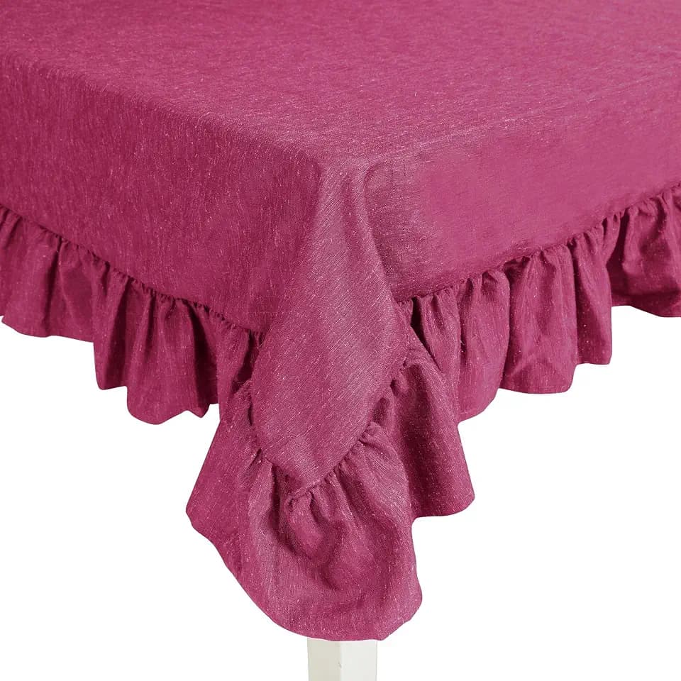 60"x120" Decorator Tablecloth Dining and Banquet Rustic Style Linen Ruffled Edge (Maroon)