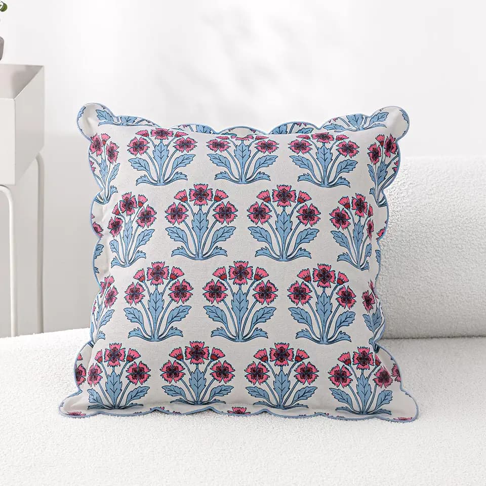 DrapePalette - Scalloped Throw Pillow Covers with Block Print Floral Patterns and Hidden Zipper - Pink Fern, 20 x 20 Inches Pack of 1 - Soft Indoor Pillow Case for Livingroom, Bedroom, or Lounge