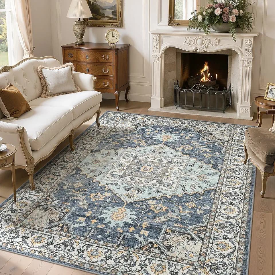 Washable 5x7 Area Rug for Living Room: Soft Blue Yellow Neutral Rug