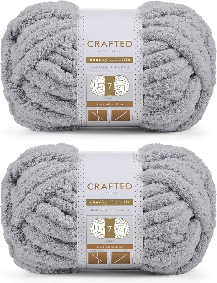 Crafted By Catherine Chunky Chenille Yarn - 2 Pack (8 oz / 227 g, 31.7 Yards Each Skein), Light Grey, Gauge 7 Jumbo