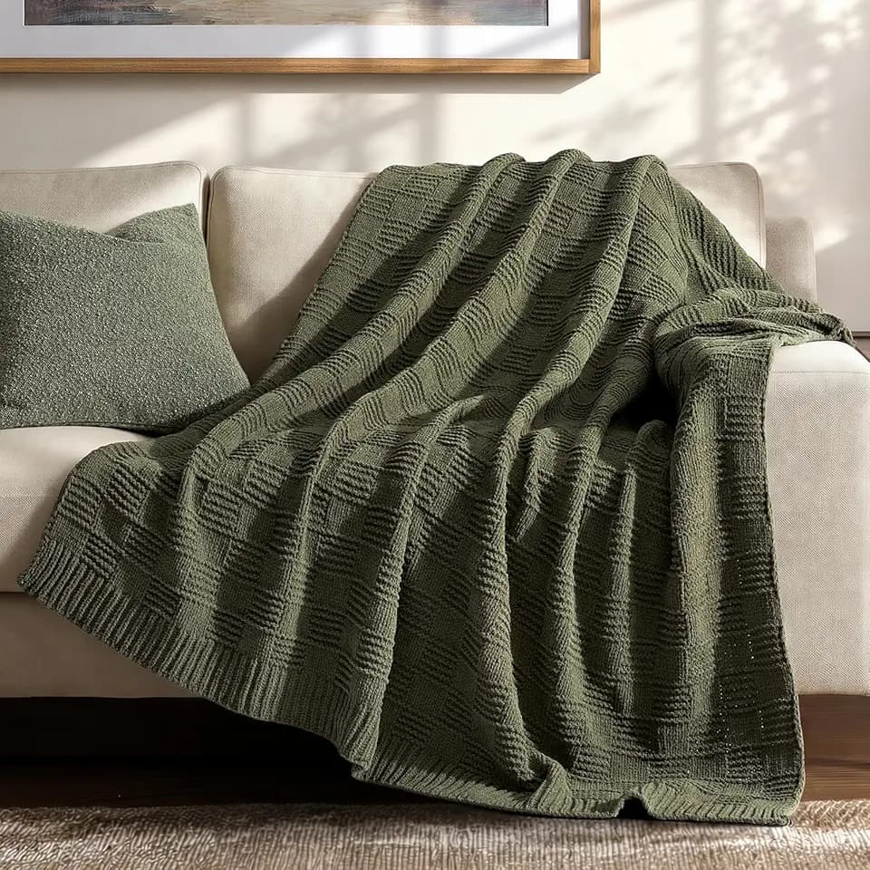 EVERGRACEHOME Modern Checkered Chenille Throw Blanket, 60x80, Olive Green