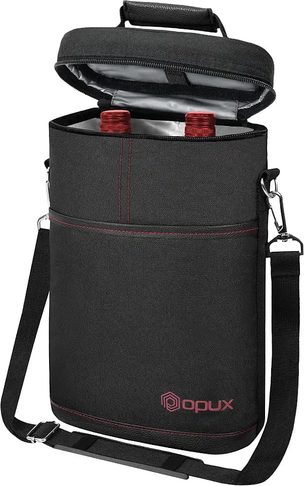 opux 2 Bottle Wine Carrier Tote, Insulated Leakproof Wine Cooler Bag, Wine Travel Bag Tote for Picnic BYOB Beach, Portable Wine Bottle Carrying Case, Gift for Wine Lover Women Men Christmas, Black