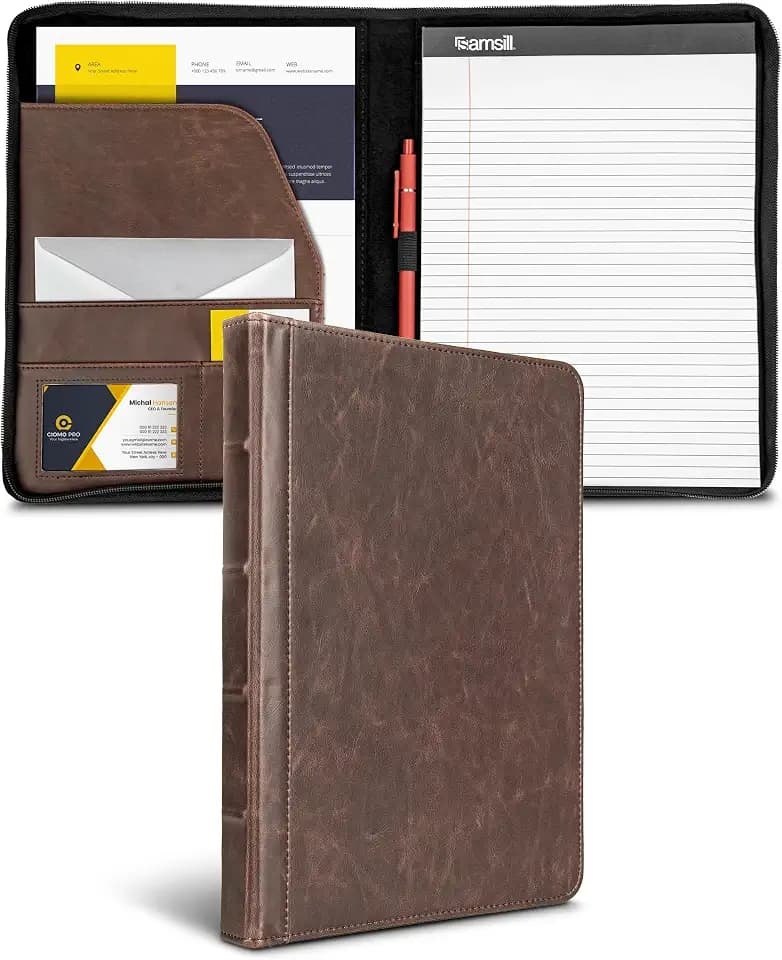 Samsill Vintage Zipper Padfolio, Faux Leather Portfolio Organizer with 8.5 x 11 Writing Pad, Interior Pockets, Pen Loop and Tablet Pocket, Dark Brown