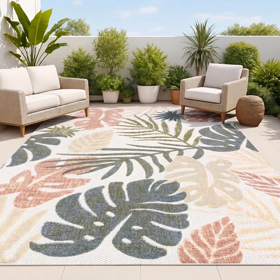 JONATHAN Y Tropical Leaf Indoor Outdoor Area Rug 5x8 Cream/Multi, Monstera High-Low for Backyard, Patio, Porch, Easy-Cleaning, High Traffic, Pet-Friendly, Non-Shedding (AMC113D-5)