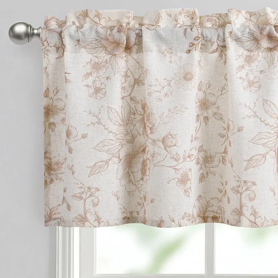 JIUZHEN Thick Textured Linen Floral Valance for Kitchen/Living Room/Bedroom Window, Rod Pocket French Farmhouse Light Filtering Valance Curtain, Taupe Peony Fragmented Flowers, 52 x 18 Inches, 1 Panel