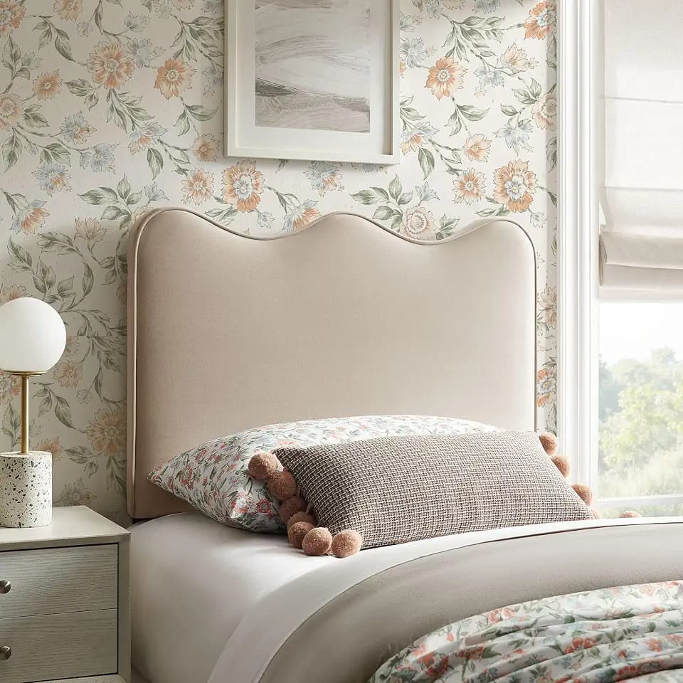 Modway Athena Twin Size Performance Velvet Adjustable Headboard in Almond - with Scalloped Wave Design and Stain-Resistant Velvet Upholstery