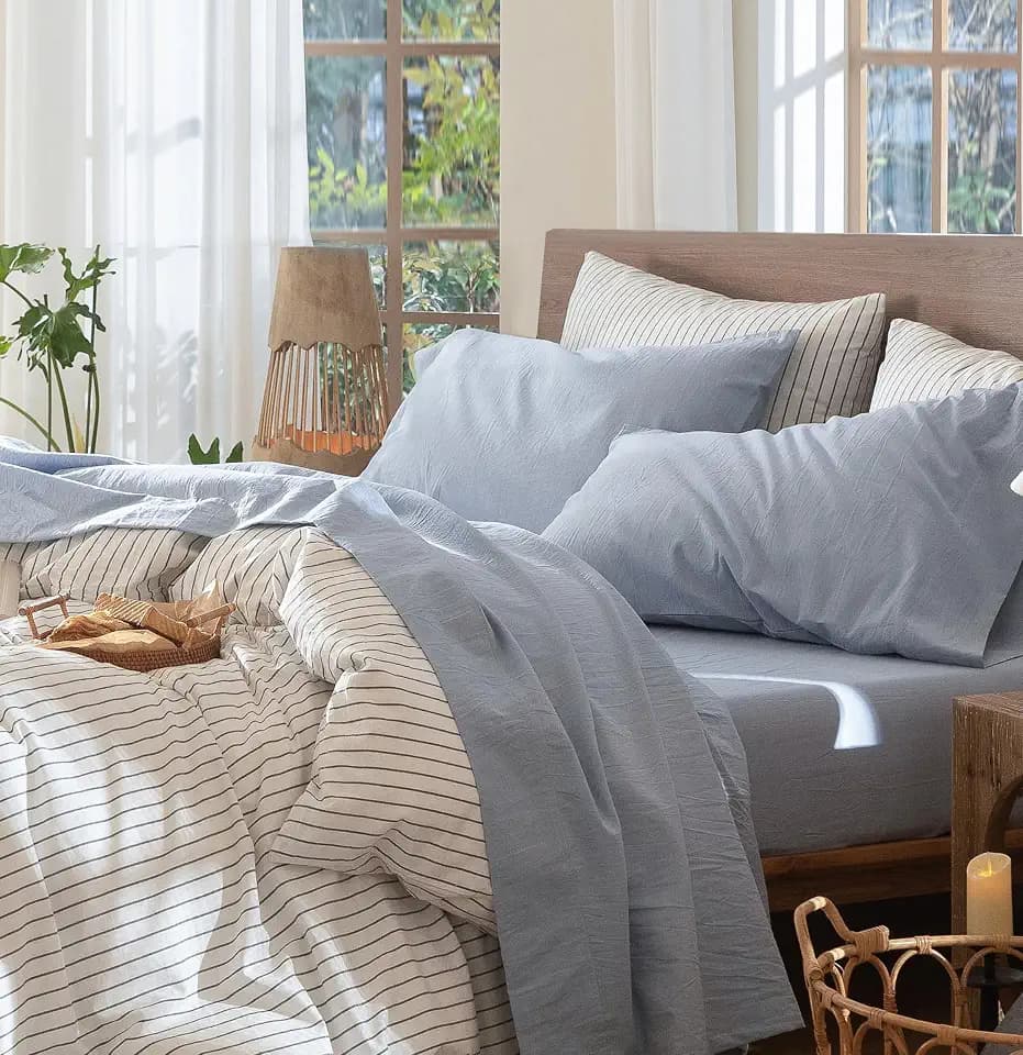 MooMee Sheet Set 100% Washed Cotton Lived-in Extra Deep Pocket Full
