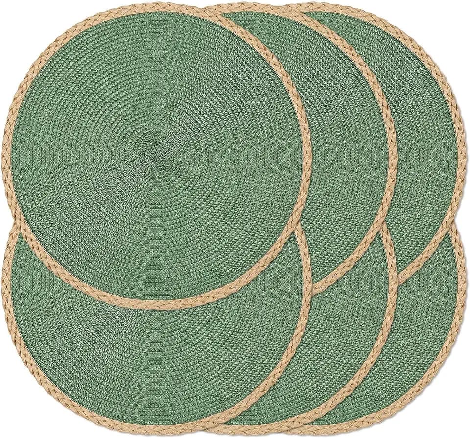 Round Placemats Set of 6, Woven Table Mats, Thin Edge, Green