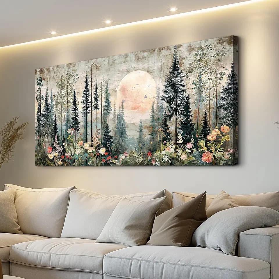 FUHAIHUA Canvas Wall Art For Living Room Large Wall Decor For Bedroom Modern Office Wall Decorations Forest Floral Moon Landscape Paintings Artwork Room Aesthetic Home Decor 20x40 In
