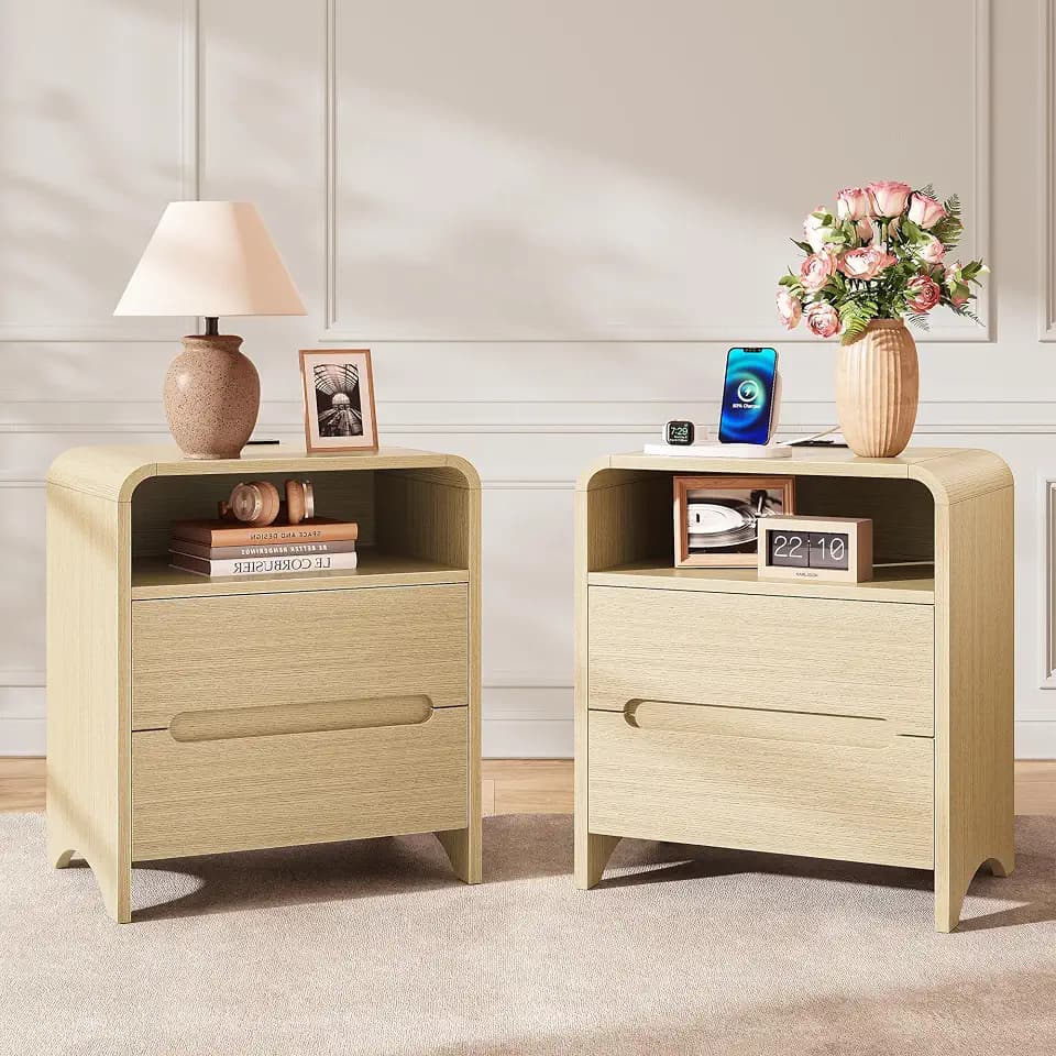 Decofy Nightstand Set of 2 with Charging Station & 2 Drawers, Light Oak