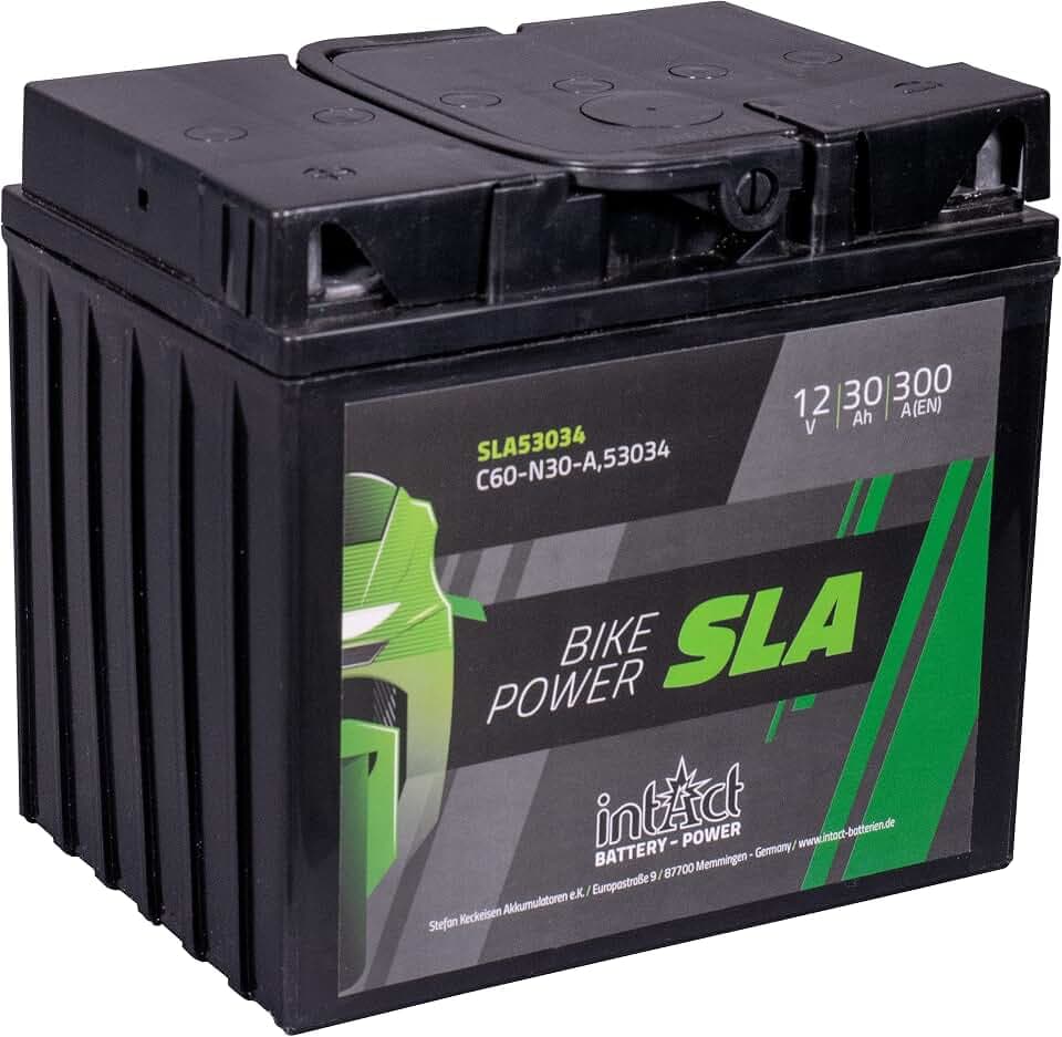 intAct - AGM MOTORRADBATTERIE | Batterie für Motorrad, Quad, Rasentraktor. Wartungsfreier & auslaufsicherer Akku | SLA53034, C60-N30-A, 12V Batterie, 30 AH (c20), 300 A (EN) | Maße: 178x124x166mm