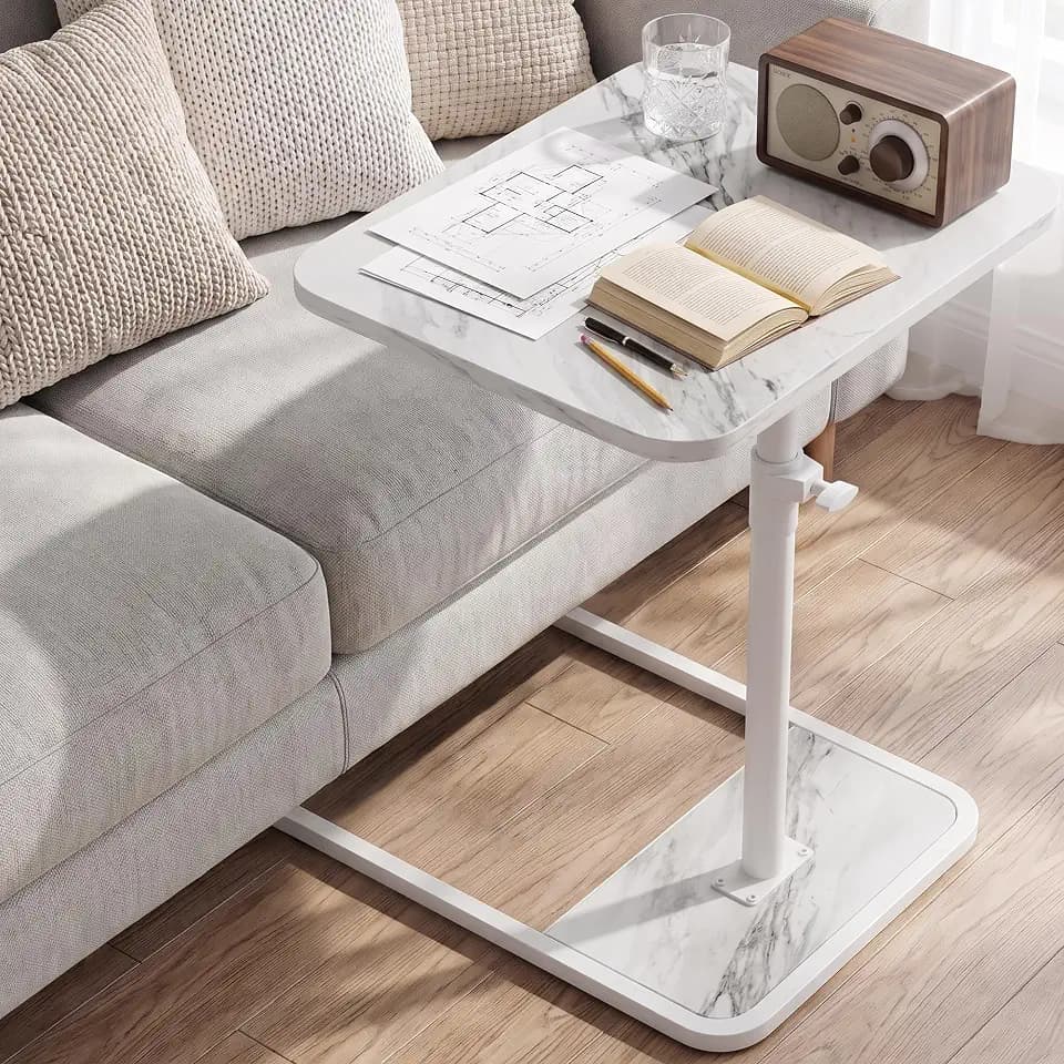 GOYLSER Large C Shaped Tv Trays Living Room End Table End Stand, White Marble Minimalist Wooden C Table for Sofa, Height Adjustable Tv Tray Tables Side Table for Dinner Eating