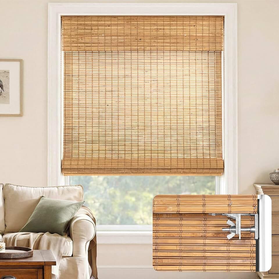 LazBlinds No Drill Bamboo Roman Shades, 30" W x 64" H, Malay Oak