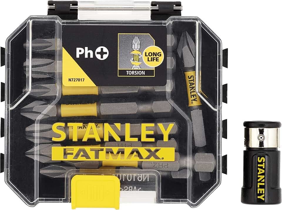 Stanley FatMax 10-tlg. Torsion Schrauberbit-Set STA88564 (bestehend aus Phillips Torsion-Bits und Bithalter mit Metallring, im kleinen ToughCase, kompatibel mit Pro-Stack & T-Stak)