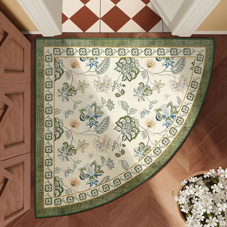jinchan Elora 4ft Radius Washable Corner Rug, Floral Kitchen, Green/Beige