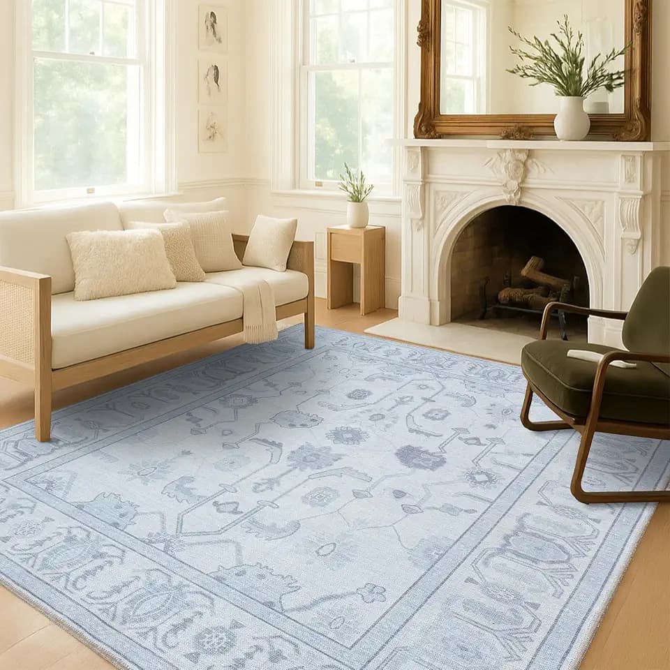 Fame Living Beige Oushak Rug, Modern, Vintage, Turkish, Eclectic, Floral, Pastel, Washable, Area Rugs for Living Room, Dining, Bedroom, Office, Entryway, Foyer, Playroom, Nursery, 5'x6'9"