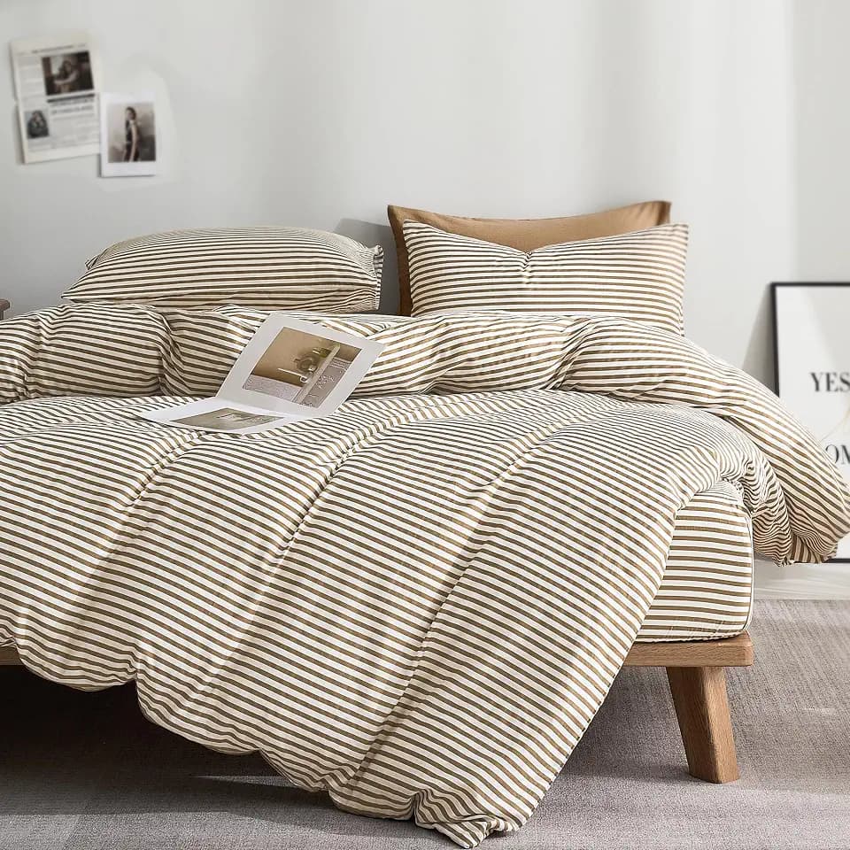 JELLYMONI 100% Cotton Classic Striped Queen Duvet Cover Set, Tan/White
