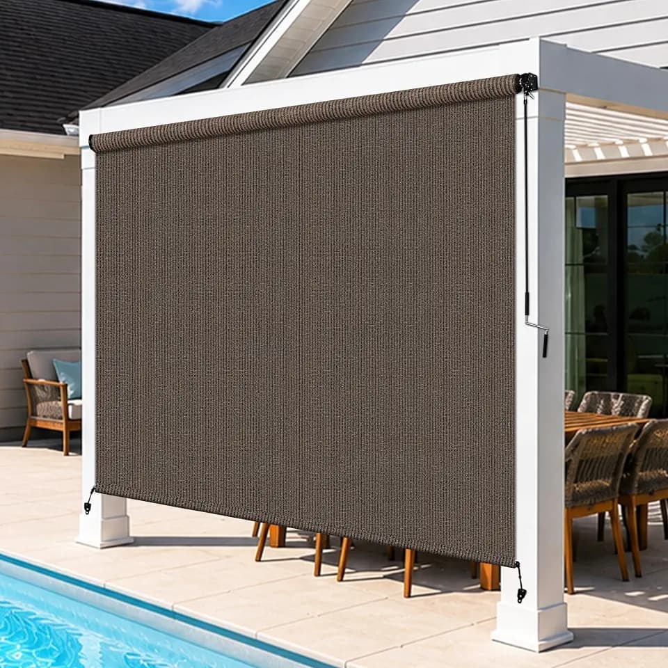 Outdoor Roller Shades for Patio, 8' W x 8' H Cordless Patio Shades Roll Up Outdoor Blinds with Splicing Design, 90% UV Protection for Porch Gazebo Pergola, 2 Poles & 1 Fabric, Mocha