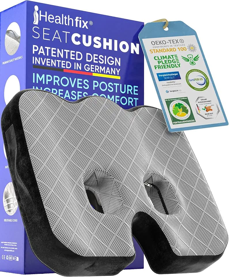Healthfix® Memory Foam Seat Cushion for Office Chair – Orthopedic Coccyx Pillow for Tailbone & Sciatica Pain Relief – Premium Comfort Chair Pad with Washable Cover and Non-Slip Bottom (Firm)