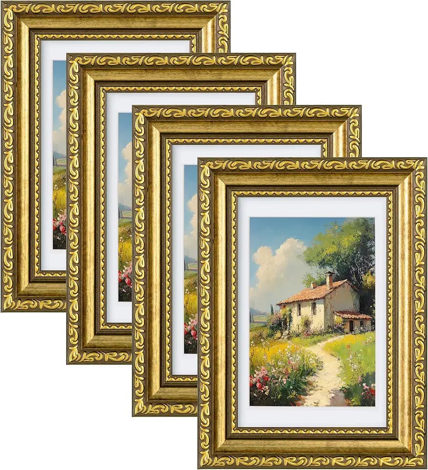 eletecpro 4x6 Vintage Picture Frame, Glass Cover, Gold, 4-Pack