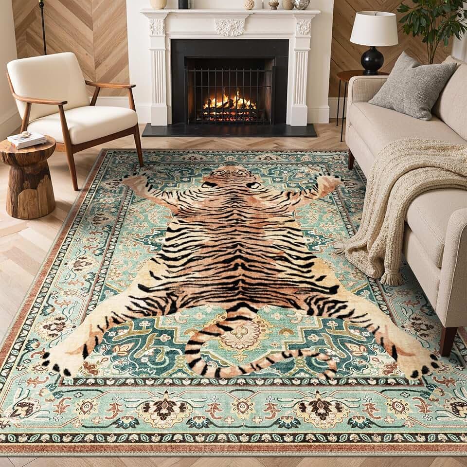 Bavni Tiger Rug 5x7 Animal Tiger Print Rug Washable Jungle Rugs Green