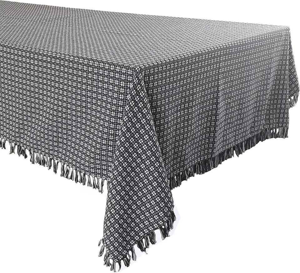 Table Cloth, Exotic Deep Navy Woven Fringed, 100% Cotton Table Cover, Size 60x102 Inch, Suitable for Formal Dining, Everyday Meals and Casual Occasions.