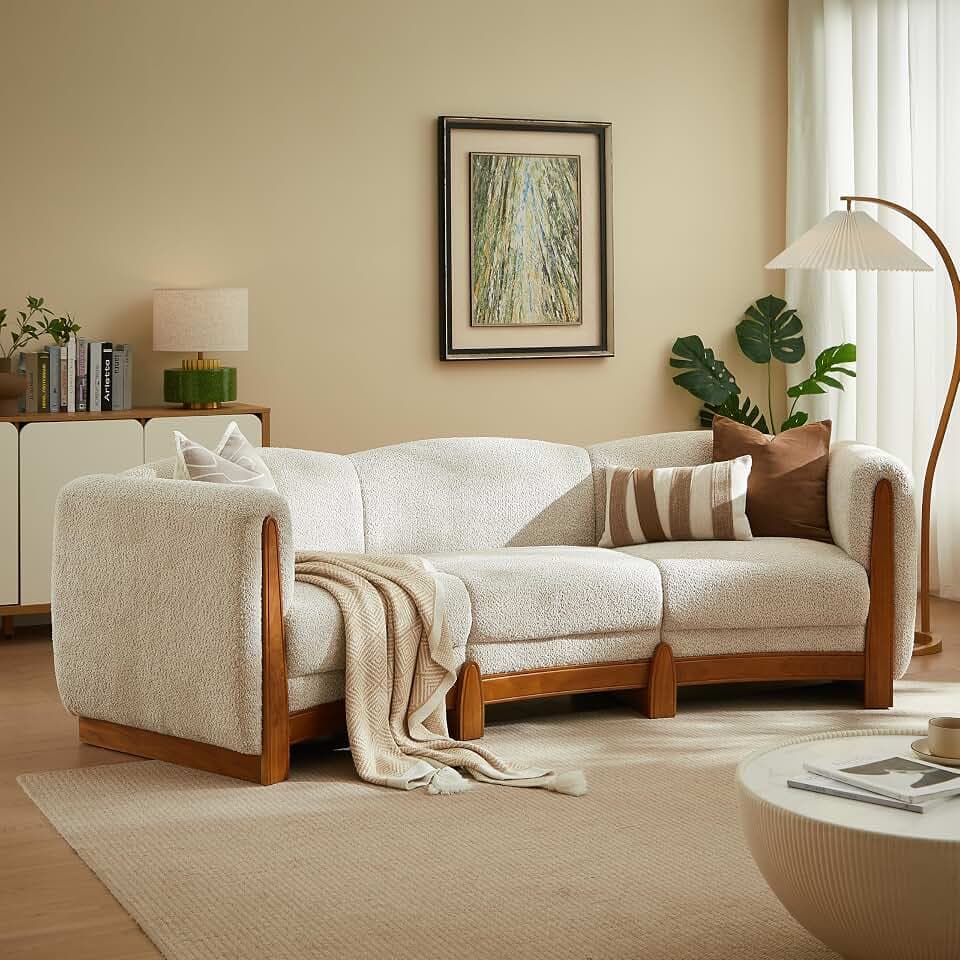 Christopher Knight Home Kimiko 106.50 Inches Curved Sofa Couch, Cozy Boucle Upholstered 3-Seater Sofa, Wood Frame Couch, Comfy Couches for Living Room and Office, Modern Sofa, Lounge Seating, Beige