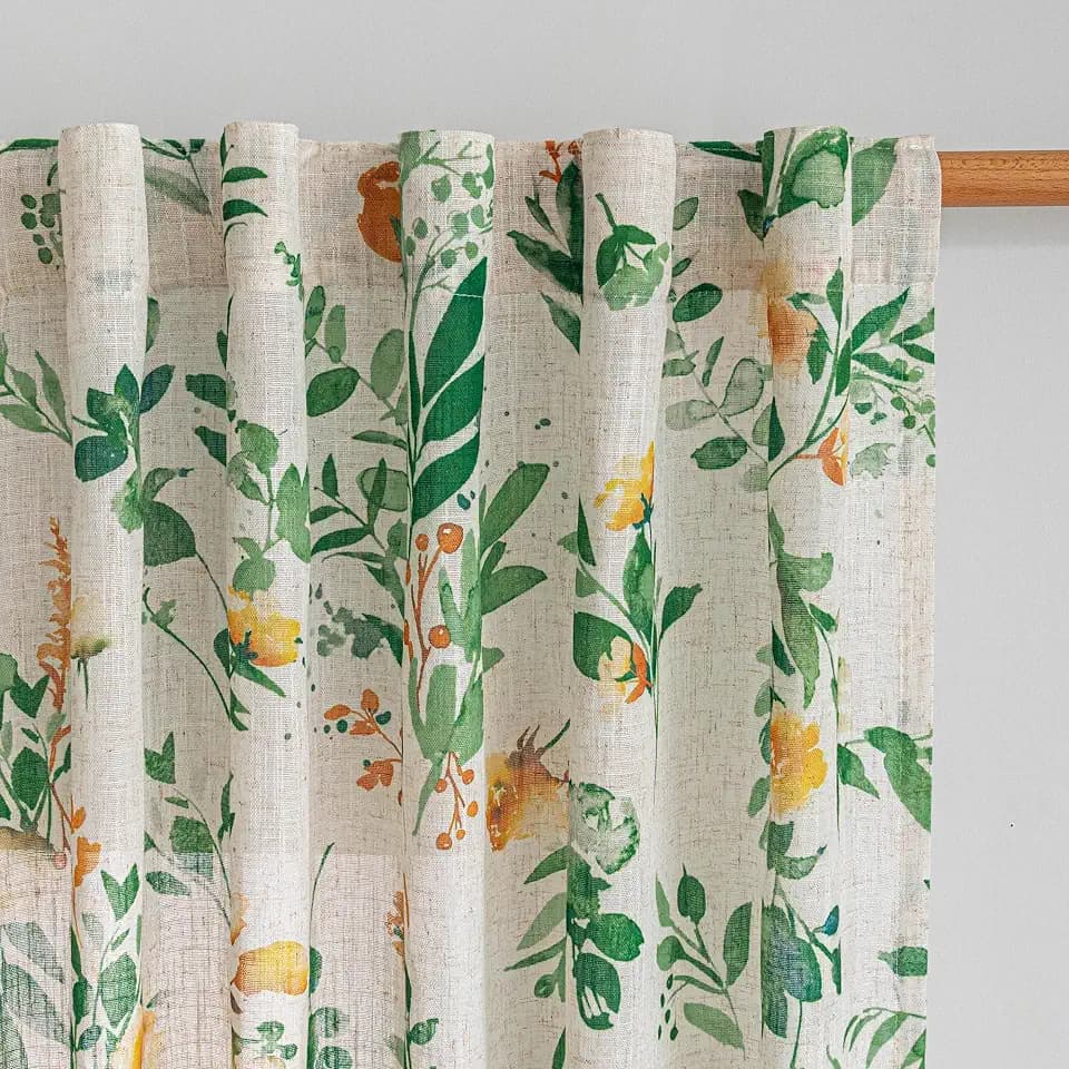 MYSKY HOME Linen Floral Curtains 90 Inches Long Sage Green Semi Sheer