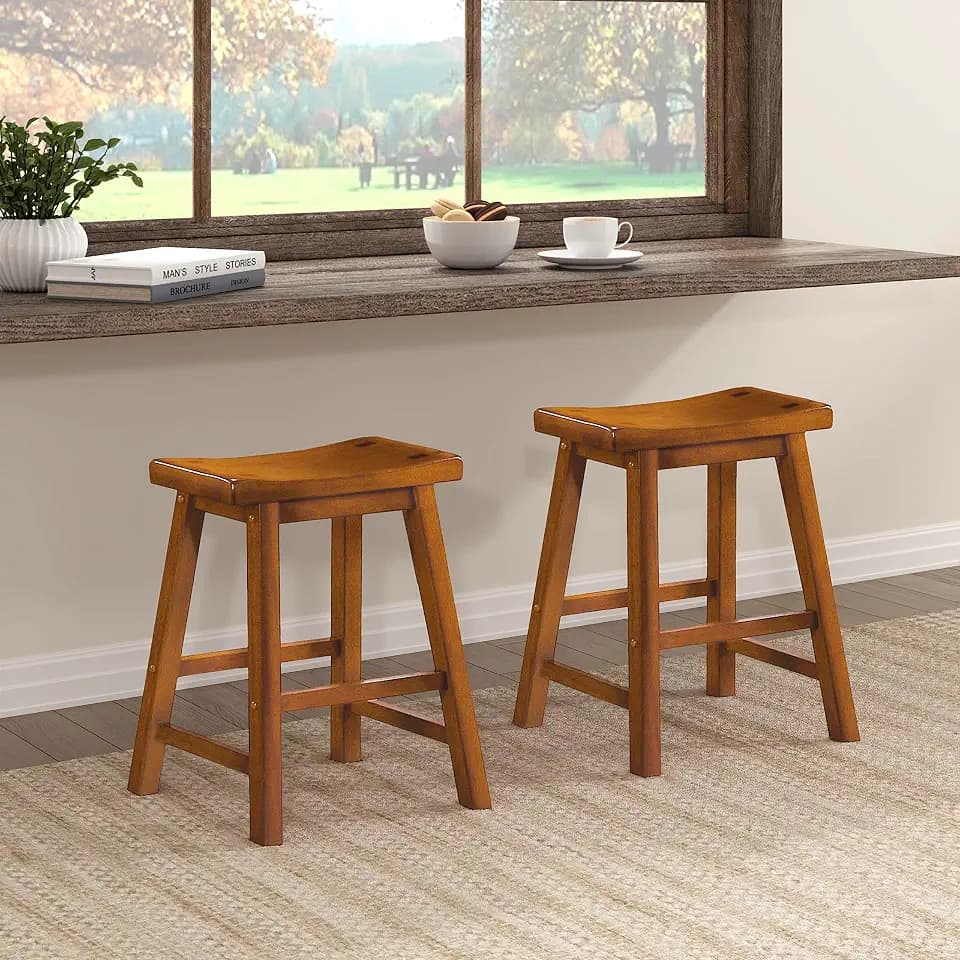 Lexicon Finnian Saddle Solid Wood Stool Set of 2 - Saddle Kitchen Stool Dining Height Stools for Dining, Armless Counter Chair Seating, Perfect Casual - 17.5" SH Oak