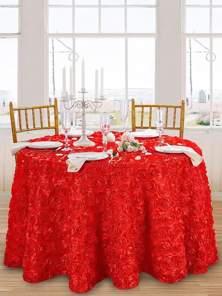 QueenDream Round Table Cloth 90 inch Red Tablecloth Rosette Table Cloth 3D Floral Satin Tablecloth for Wedding Banquet Party Baby Shower Sweet Cake Birthday Tea Party