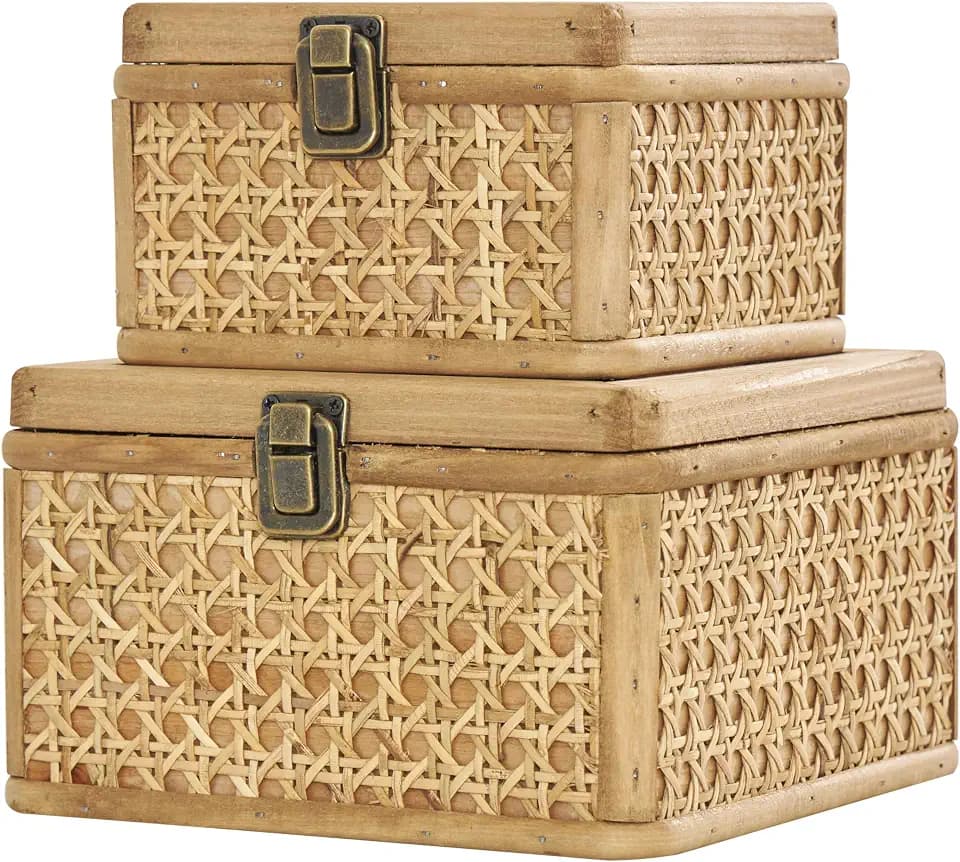 Deco 79 Rattan Handmade Decorative Box Woven Decorative Keepsake Boxes with Bronze Latches, Set of 2 Storage Boxes 7", 6"W, Brown