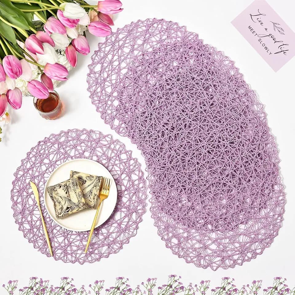 IcosaMro Purple Round Placemats Set of 6 for Dining Table, 15 Inch Paper Woven Boho Decorative Circle Place Mat for Wedding Christmas Thanksgiving Day Holiday Dinner, Lavender