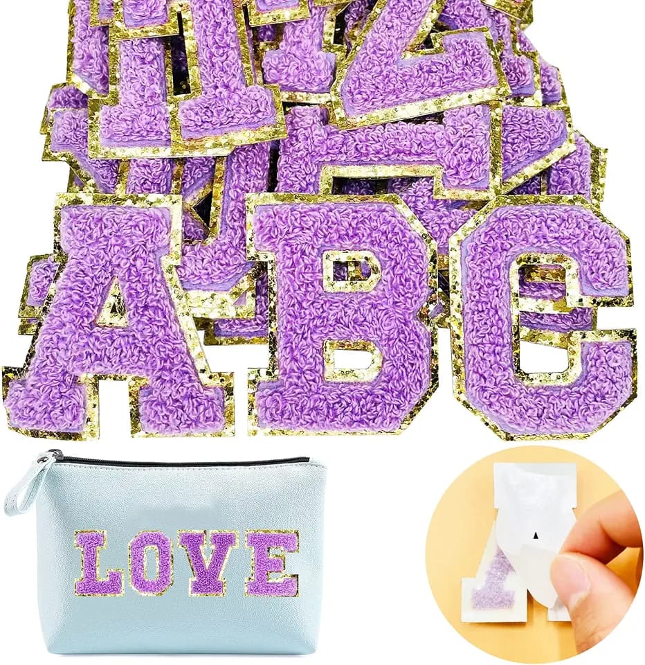 Jongdari Chenille Letter Patches Self-Adhesive & Iron-On Letters, Varsity Fuzzy Patch Glitter Alphabet - 26pcs, Purple