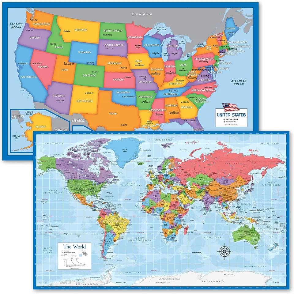 2 Pack - USA Map for Kids + Blue Ocean World Map (LAMINATED, 18" x 29")