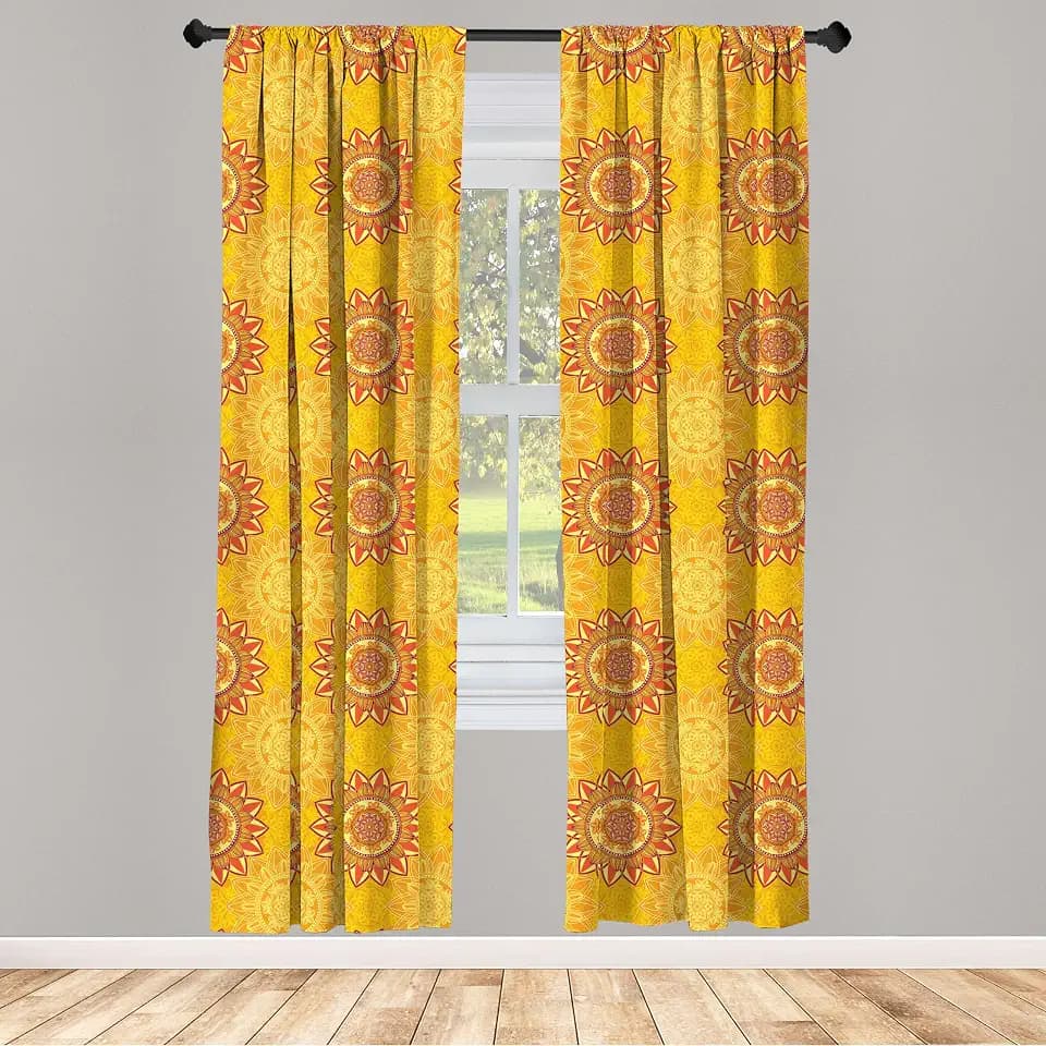Lunarable Yellow Mandala Window Curtain Panels 4 Pack, Vintage Floral Circles Eastern Elements Lotus Inspiration Bohemian, Lightweight Set with Rod Pocket, 4 Panels of - 28"x95", Multicolor