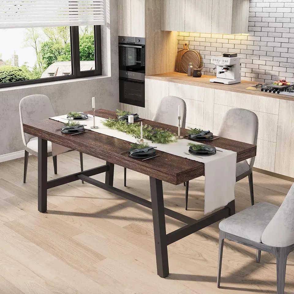 GarveeHome Industrial Dining Table for 4-6 People, 63" Long Kitchen Table with Sturdy Metal Frame, Rectangular Counter for Dinner, Kitchen, Dining Room (Rustic Birch, 63" Non-extendable)