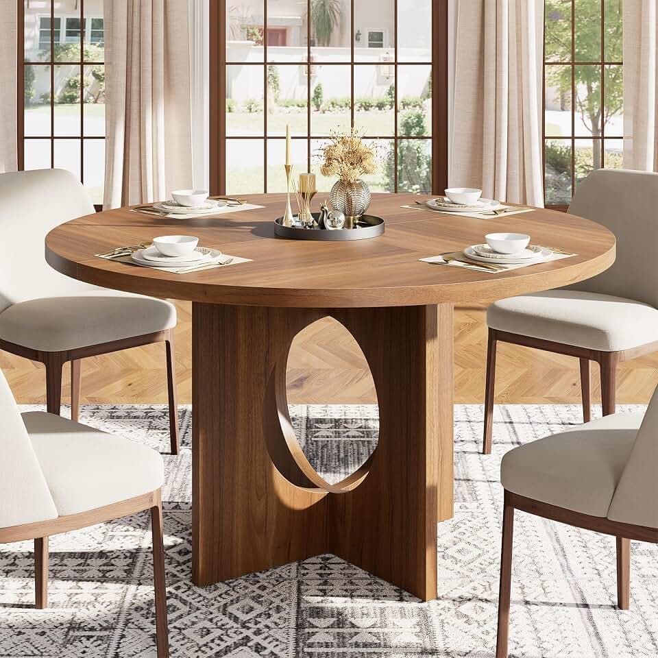 Garvee 47" Round Dining Table for 4-6 People - Circle Kitchen Dinner Table with Sturdy Pedestal Base, Space Saving Dinning Room Furniture for Living Room, Kitchen, Apartment, Brown