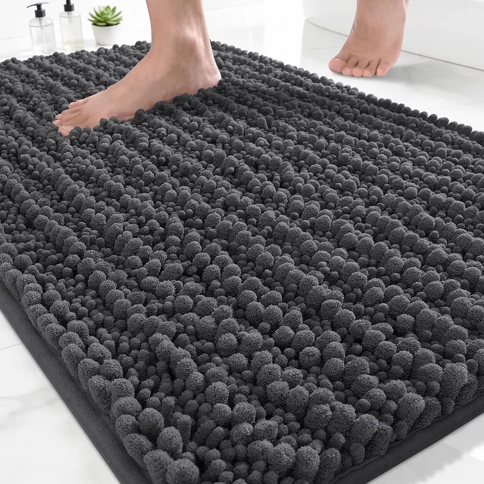 Yimobra Bathroom Rugs Non Slip Washable - Ultra Soft Absorbent Chenille Bath Mat, Quick Dry Shaggy Floor Carpet for Tub Shower, Dark Gray Home Decor Accessories, 24x17 Inch
